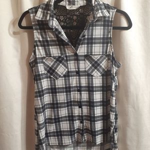 Embroidered Lace Back Shirt, Black & White Plaid Sleeveless by M Fasis size S